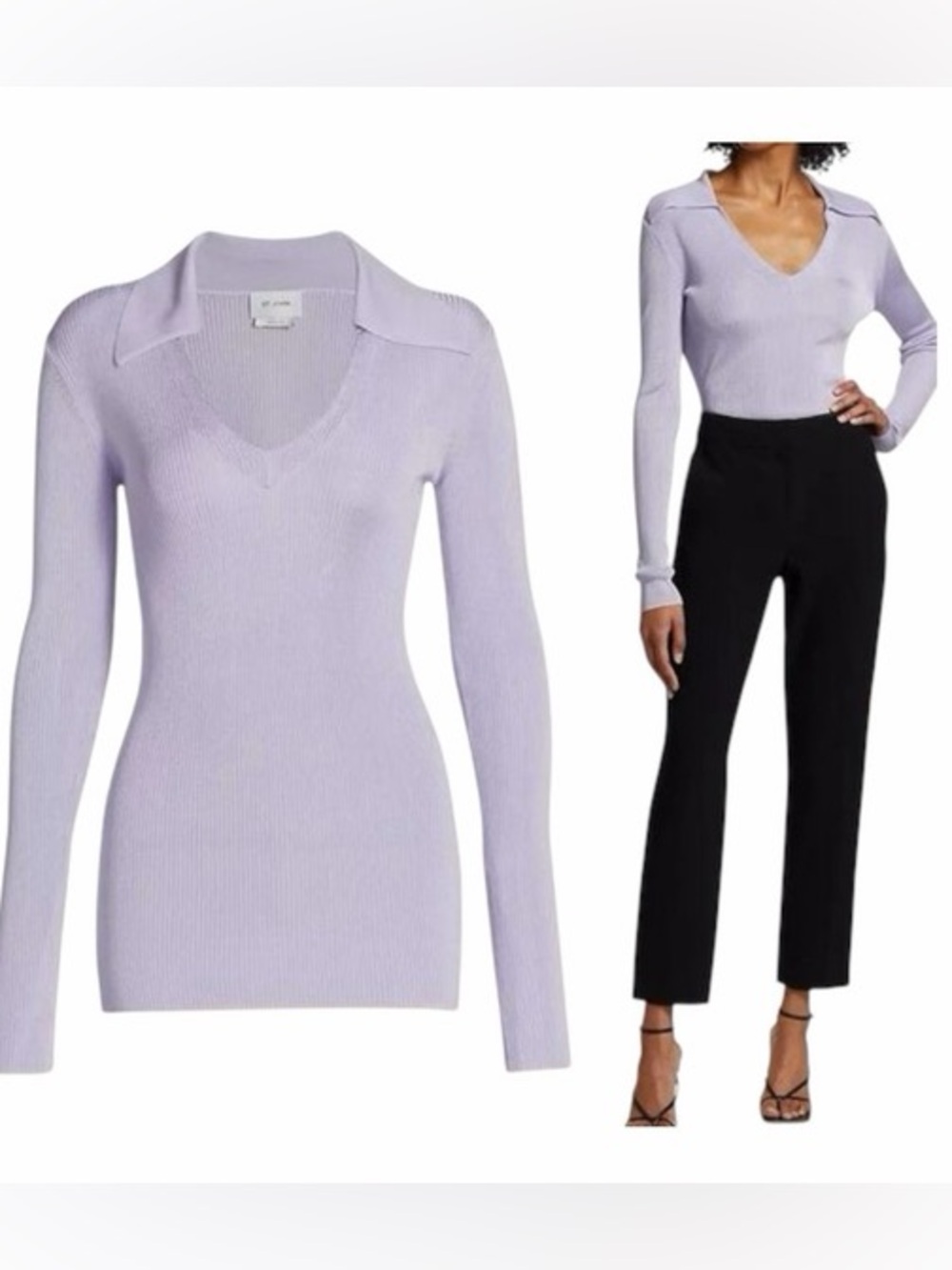 St. John Purple Ribbed V Neck Collared Blouse Top Medium